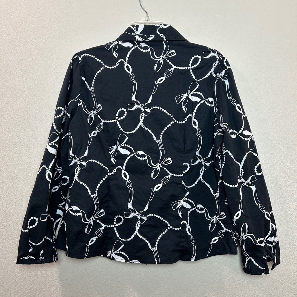 Blouse Womens XL Black White Ruffle Front Chain Bow Whimsigoth Statement Siren - Picture 2 of 13